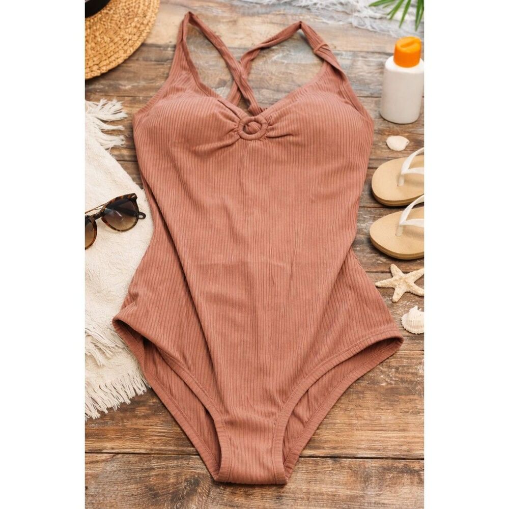 Ribbed O-Ring Plunge One Piece Swimsuit Neutral Tan Large NWT
